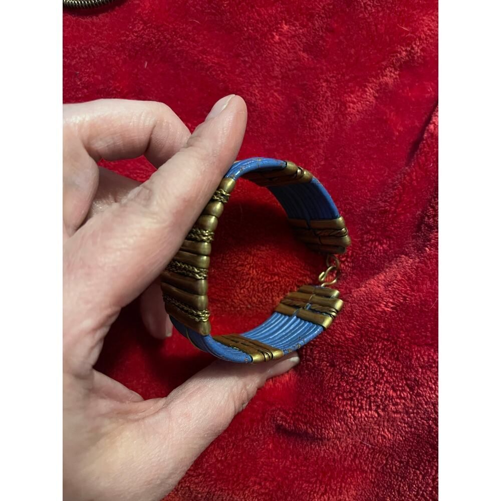 Vintage Alexis Kirk, blue, leather, and brass cuff bracelet - Picture 3 of 5